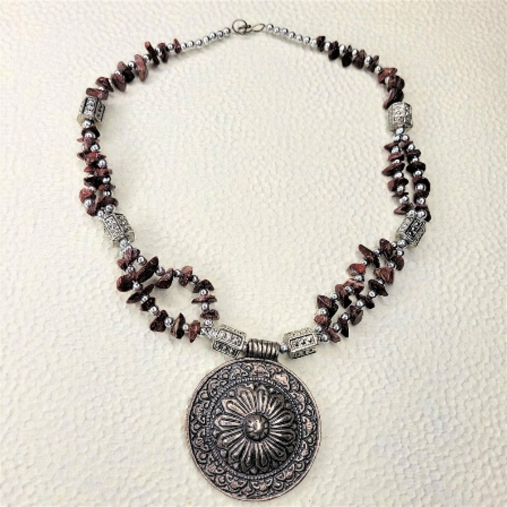 Brown Shell and Tubular Silver Tone Bead Necklace with Large Round Pendant